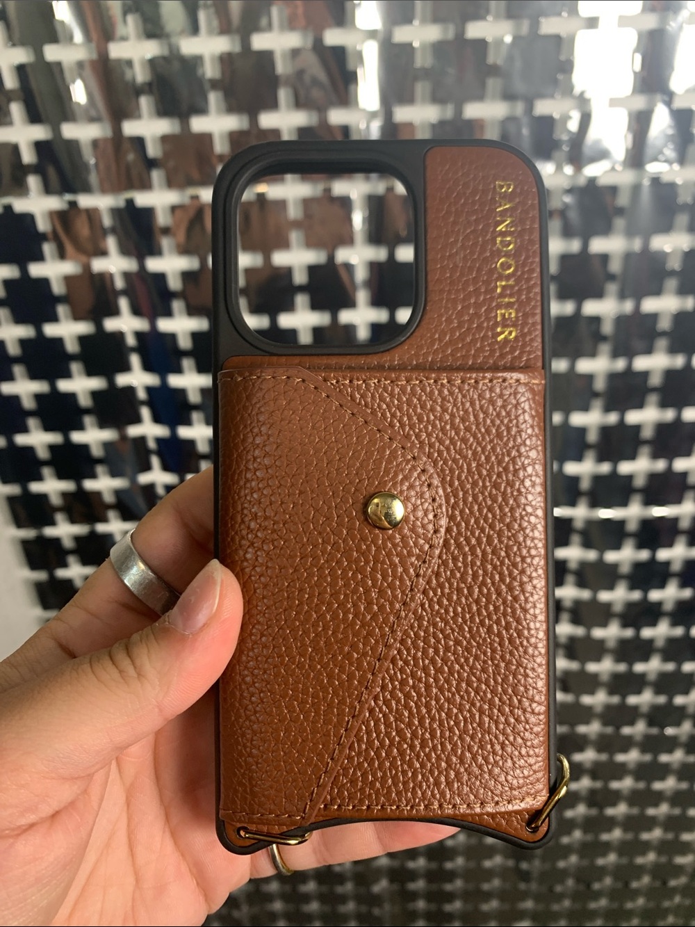 Bandolier Brown Leather Cardholder iPhone 15 Pro Case with Gold Accent